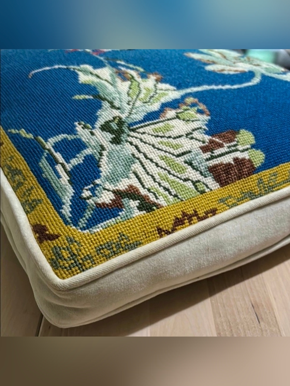 Vintage Floral Blue & White Needlepoint Pillow - Picture 2 of 5